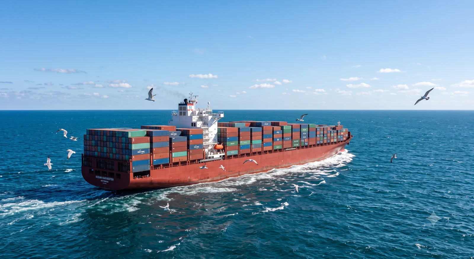 Container ship underway at sea with seagulls flying alongside